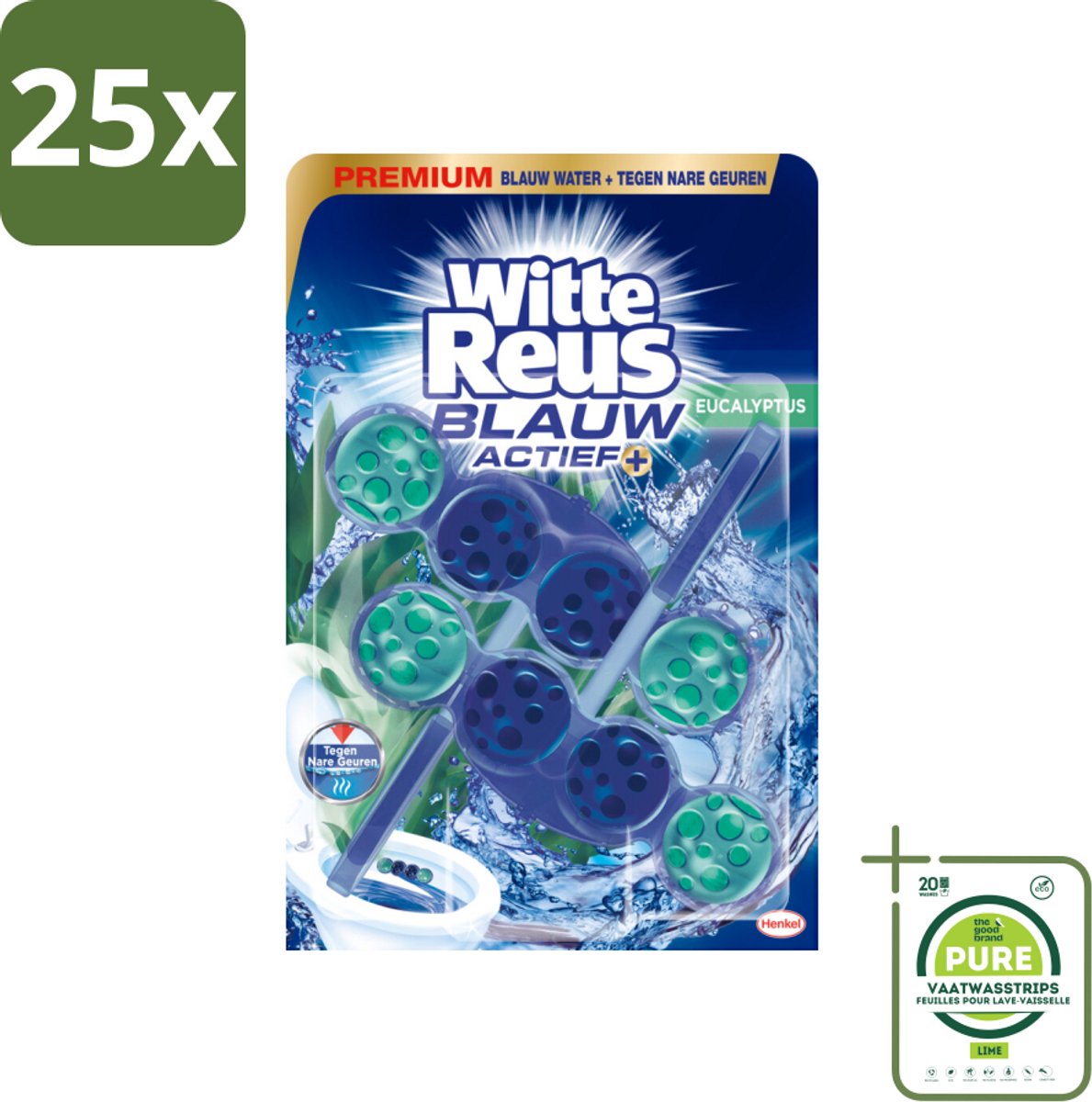 25 x Witte Reus Toiletblok Blauw Actief Eucalyptus 2 stuks per verpakking - Grootverpakking - Toiletblok - Reinigend Schuim - Blauw Water - Kalkaanslag - Vuil