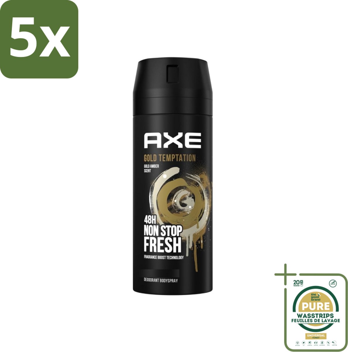 5 x Axe - Deodorant Bodyspray - 48hrs Non Stop Fresh - Gold Temptation - Gold Amber - 150 ml - Grootverpakking - Deodorant Bodyspray - Frisheid - Geur - Citrus - Kruiden