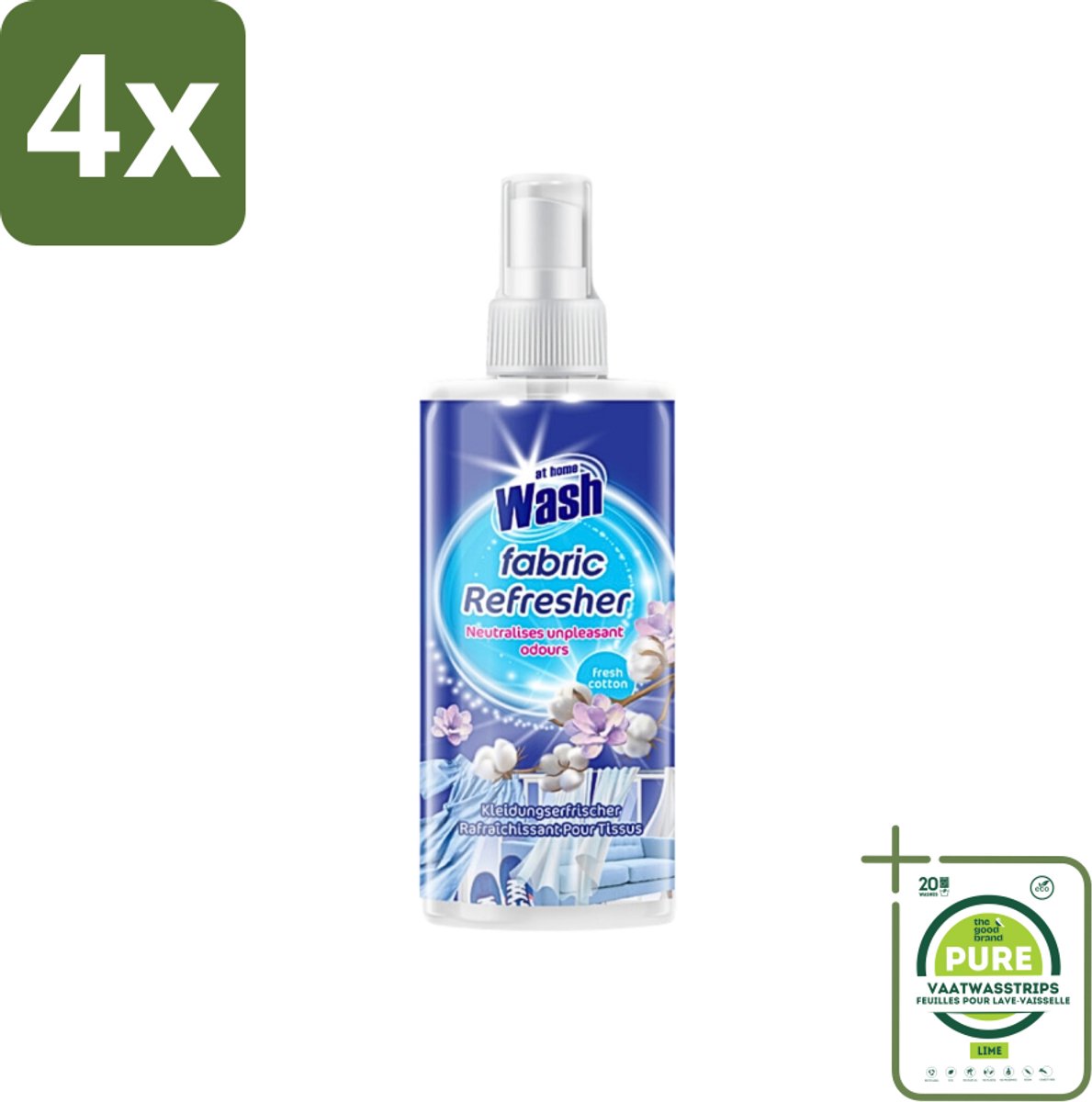 At Home - Wash - Textielverfrisser - Fresh Cotton - Neutraliseert Onaangename Geuren - 300 ml - Voordeelverpakking - 4 stuks - Textielverfrisser - Katoengeur