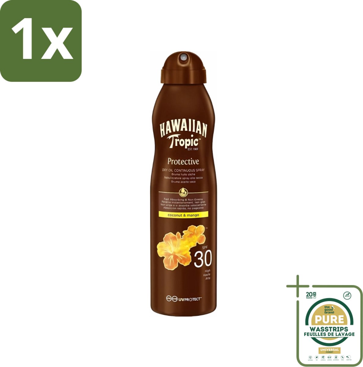1 x Hawaiian Tropic - Zonnebrand - Island Glow Dry Oil Continuous Spray SPF 30 - Hydraterend & Beschermend - 177 ml- Zonnescherm Spray - Zonbescherming Spray - Droge Olie Spray - SPF 30 - Zonbescherming Huid