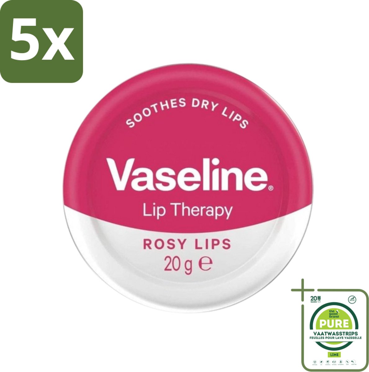 5 x Vaseline - Rosy Lips - Lip Therapy - Verzorgend - 20 g - Grootverpakking - Lippenbalsem - Verzorging - Rosé Lippen - Hydraat - Droge Lippen