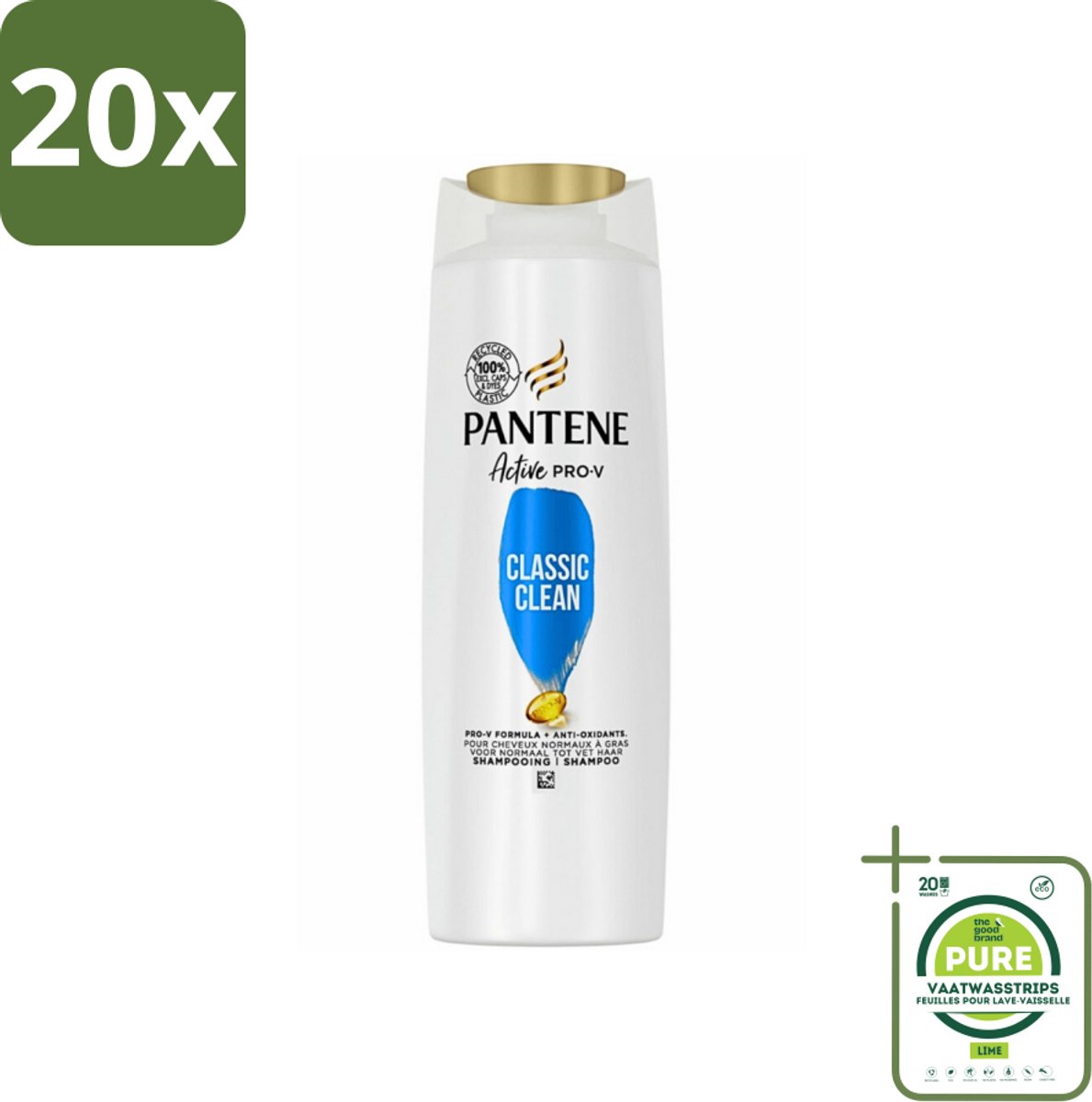 20 x Pantene - Shampoo - Classic Clean - Verfrissende Reiniging - Voor Normaal Haar - 225 ml - Grootverpakking - Pantene Classic Clean Shampoo - Verfrissende Reiniging - Normaal Haar - Pro-V Voedingsstoffen - Gezonde Glans