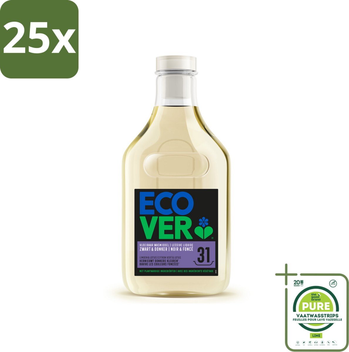 25 x Ecover Vloeibaar Wasmiddel Zwart & Donker - Limoen & Lotus 31 Wasbeurten 1,43 liter - Grootverpakking - Donker Wasmiddel - Donkere Kleuren - Plantaardig Wasmiddel - Milieuvriendelijk Wasmiddel - Ecologisch Wasmiddel