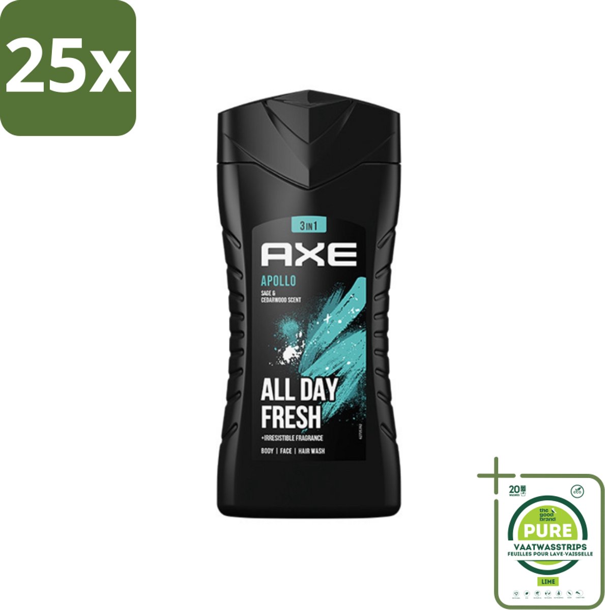 25 x Axe - 3-in-1 Douchegel - Apollo - Sage & Cedarwood - 250 ml - Grootverpakking - Douchegel - Mannelijke Geur - 3-in-1 - Cederhout - Groen Fruit