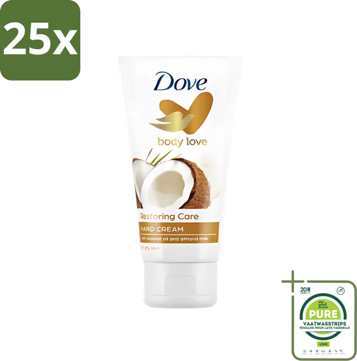 25 x Dove - Handcrème - Body Love Restoring Care - Kokos & Almond - Hydraterend - Droge huid - 75 g - Grootverpakking - Handcrème - Handverzorging - Droge Huid - Hydraterende Crème - Kokos En Amandel