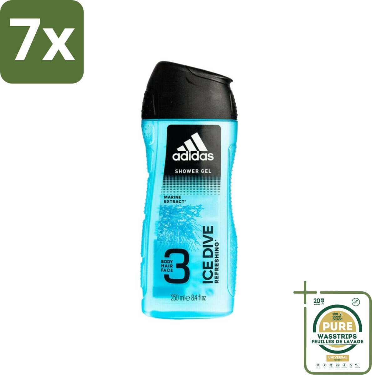 7 x Adidas - 3-in-1 Douchegel - Ice Dive Refreshing - Marine Extract - 250 ml - Grootverpakking - Douchegel - Douche En Shampoo - Verfrissend - Sportieve Verzorging - Frisheid