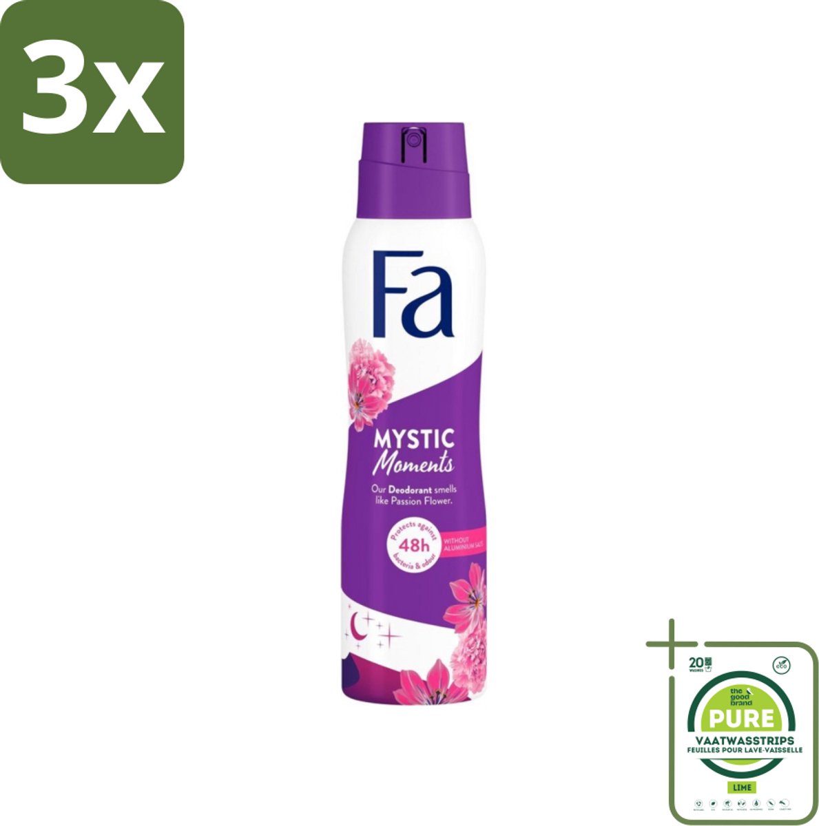 3 x Fa - Deodorant Spray - Mystic Moments - Passiebloem geur - 48 uur Bescherming - 150 ml - Grootverpakking - Deodorant Spray - Passiebloem Geur - 48 Uur Bescherming - Geurveroorzakende Bacteriën - Dermatologisch Getest