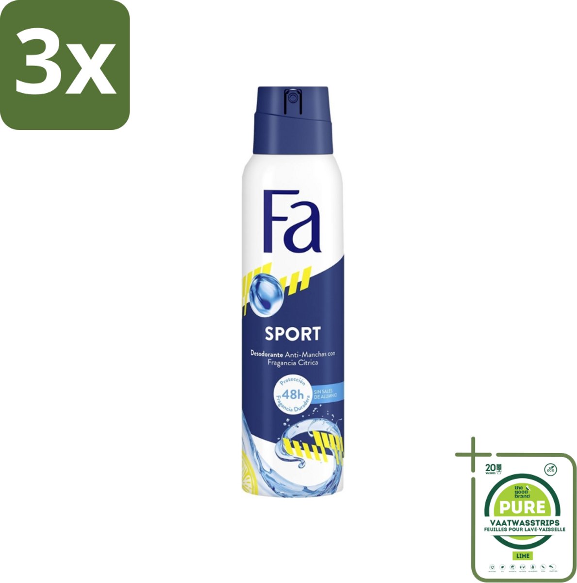 3 x Fa - Deodorant Spray - Sport - Citroen - Tegen Vlekken - 48 uur Bescherming - 150 ml - Grootverpakking - Sport Deodorant - Citroen Deodorant - Anti Vlekken - 48 Uur Bescherming - Zweetgeur Bestrijding