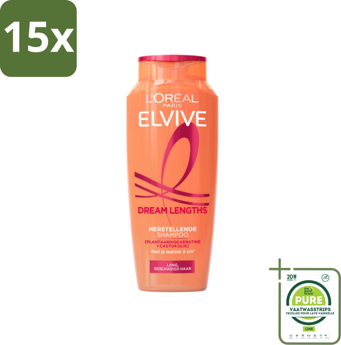 15 x L'Oréal Elvive Dream Lengths Shampoo 250 ml - Grootverpakking - Lang Haar - Beschadigd Haar - Herstel Shampoo - Keratine Shampoo - Castorolie Shampoo