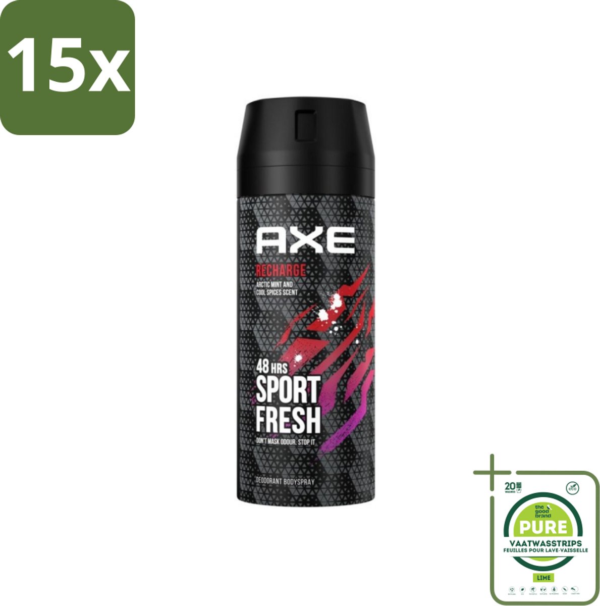 15 x Axe - Deodorant Bodyspray - 48hrs Sport Fresh - Recharge - Arctic Mint & Cool Spices - 150 ml - Grootverpakking - Axe Deodorant - Axe Bodyspray - Axe Sport Fresh - Axe Ice Chill - Deodorant Sport