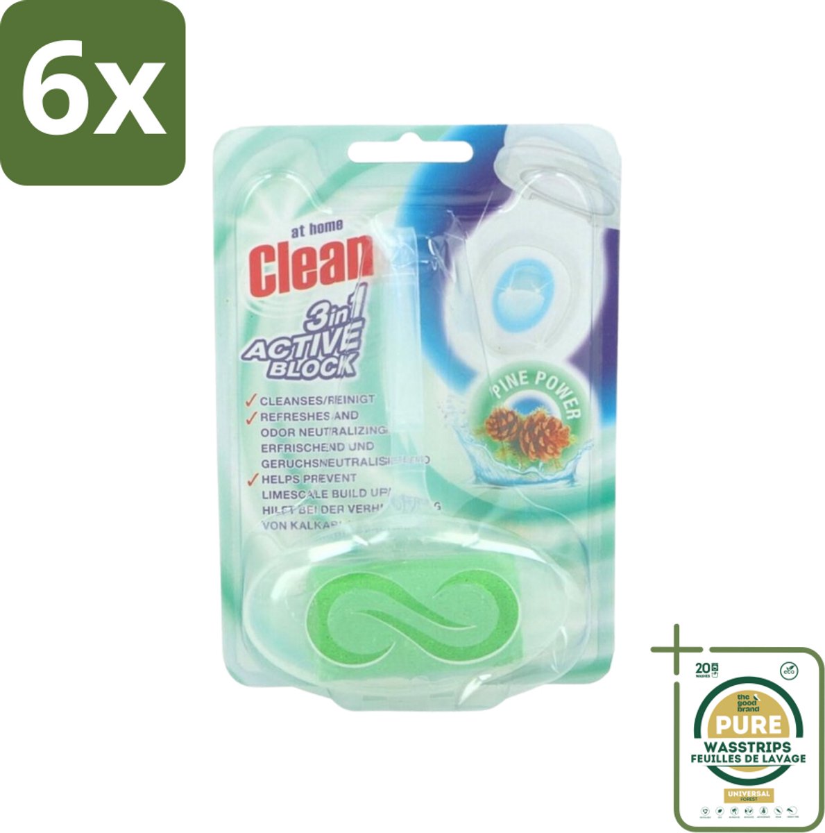 At Home - Clean - Toiletblok - 3in1 Active - Pine Power - Neutraliseert & Reinigt - 1 Blok - Voordeelverpakking - 6 stuks - Toilet fris - Toilet neutraliseren