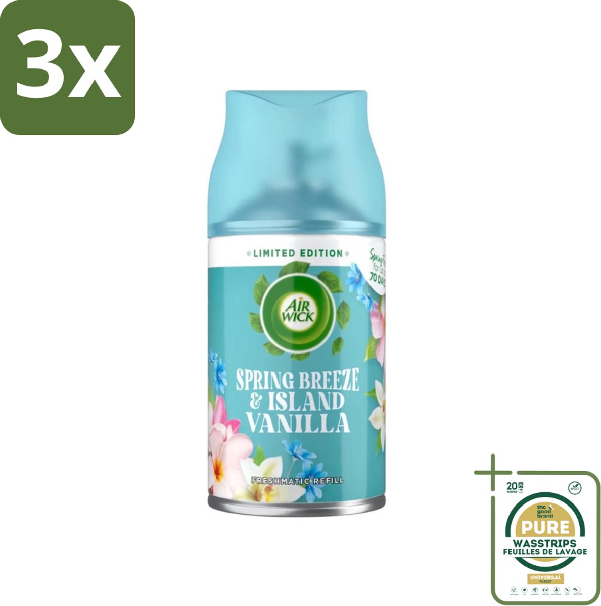 3 x Air Wick - Luchtverfrisser Navulling - Lentebries & Eilandvanille - Automatische Spray - 250 ml - Grootverpakking - Luchtverfrisser - Navulling - Geur - Lente - Eilandvanille