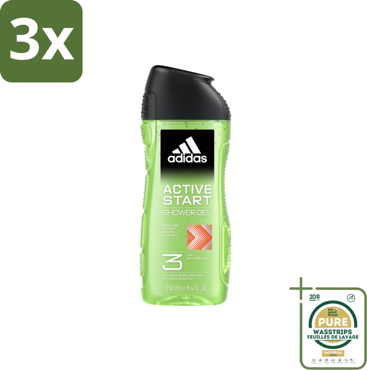 3 x Adidas Shower Gel Active Start 250 ml - Grootverpakking - Douchegel - 3-in-1 - Lichaam - Gezicht - Haar