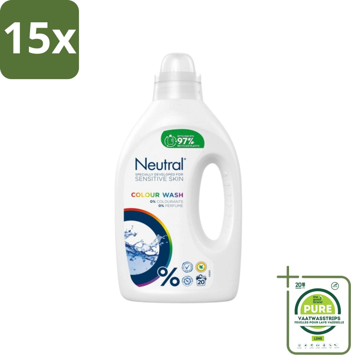 15 x Neutral Vloeibaar Wasmiddel Kleur 20 Wasbeurten 1 liter - Grootverpakking - Gekleurde Was - Wasmiddel - Wasmiddel Zonder Parfum - Wasmiddel Zonder Kleurstof - Hypoallergeen Wasmiddel