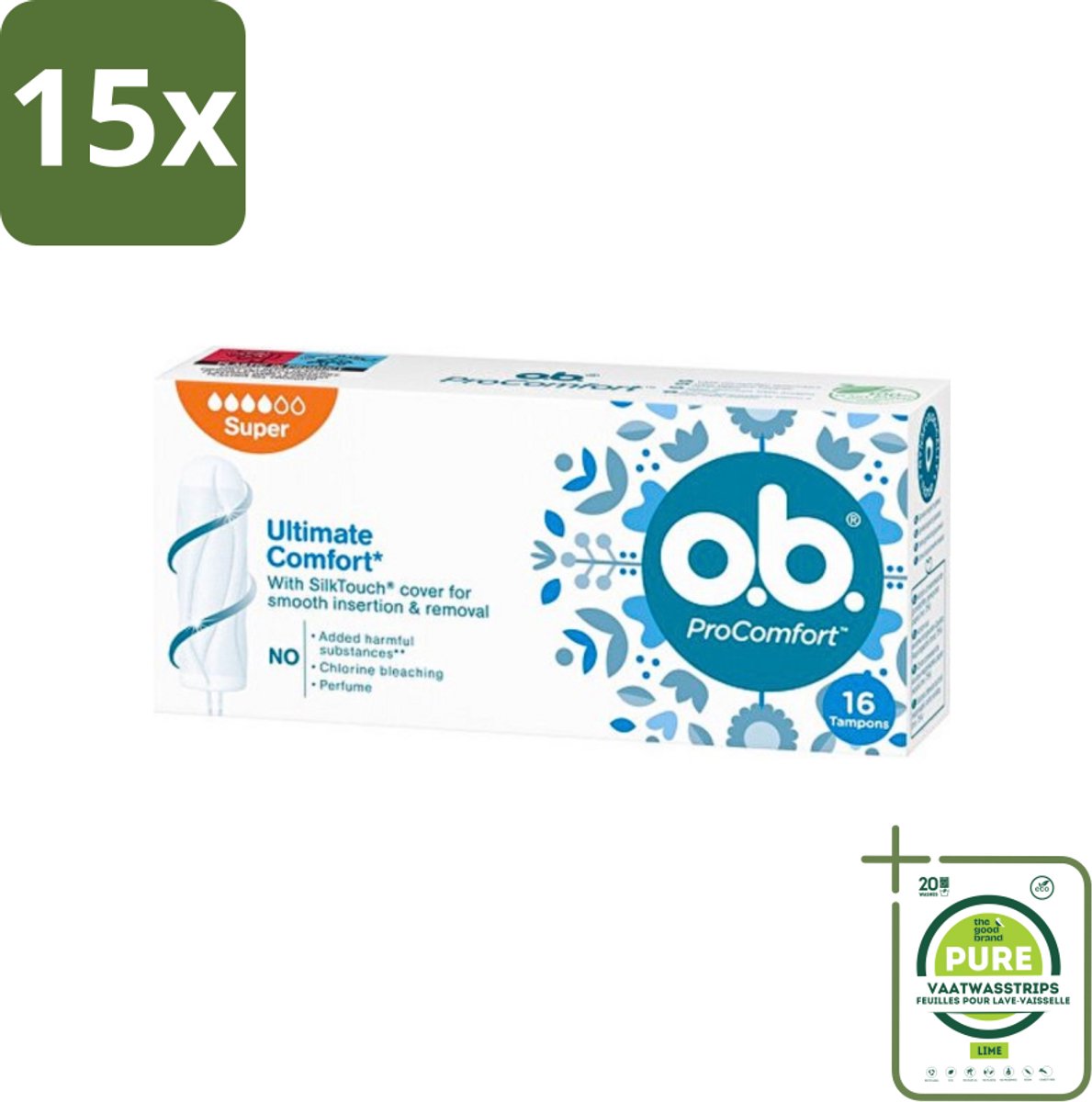 15 x o.b. Tampons - ProComfort Super - Voor Comfort en Zachte Bescherming - 16 Tampons - Grootverpakking - Tampons - Menstruatiebescherming - Comfort - Zachte Bescherming - Plantaardige Kern