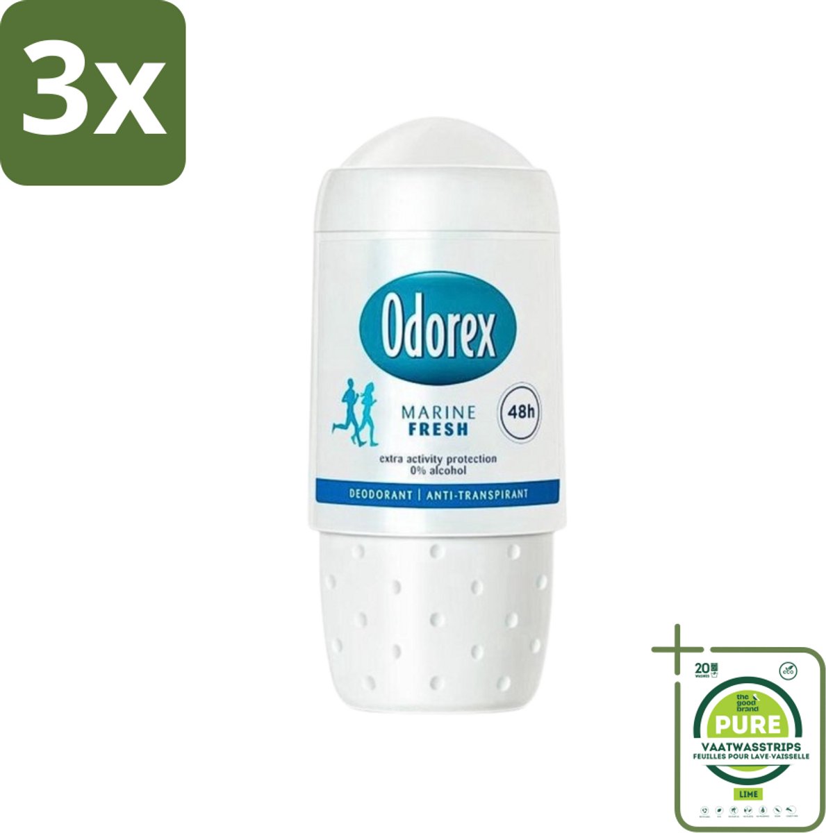 3 x Odorex - Deodorant Roller - Marine Fresh - Verkwikkende Geur - 50 ml - Grootverpakking - Deodorant Roller - Marine Geur - Anti-transpirant - 48 Uur Bescherming - 0% Alcohol