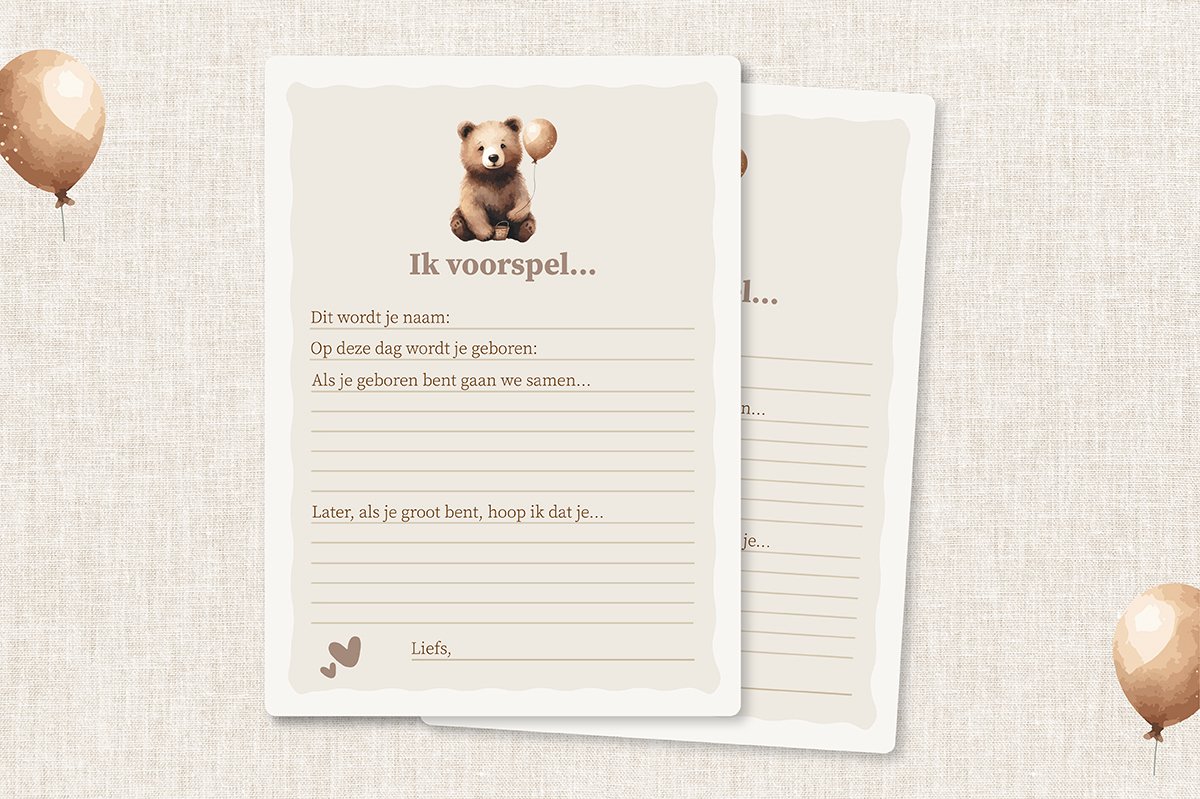 Brilliant Bear Babyshower Invulkaarten - Voorspelkaarten - Voorspellingen - 10 stuks - Natuurtinten - Stevig papier - A6 - More Morris