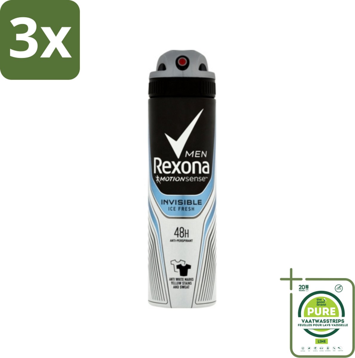 3 x Rexona Men - Invisible Ice Fresh - Deodorant Spray - 150 ml - Grootverpakking - Deodorant Spray - Zweetbescherming - Lichaamsgeur - Mannelijke Deodorant - Frisheid