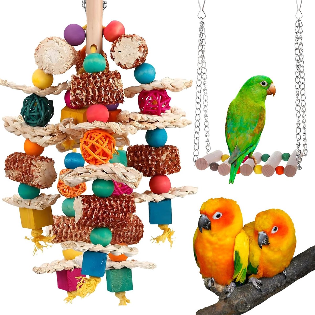 Speelgoed, CNYMANY Natuurlijke maïskolf Kauwspeelgoed voor vogels en schommelspeelgoed voor vogels, Accessoires voor vogelkooien voor kaketoes, grijze roodstaartpapegaaien