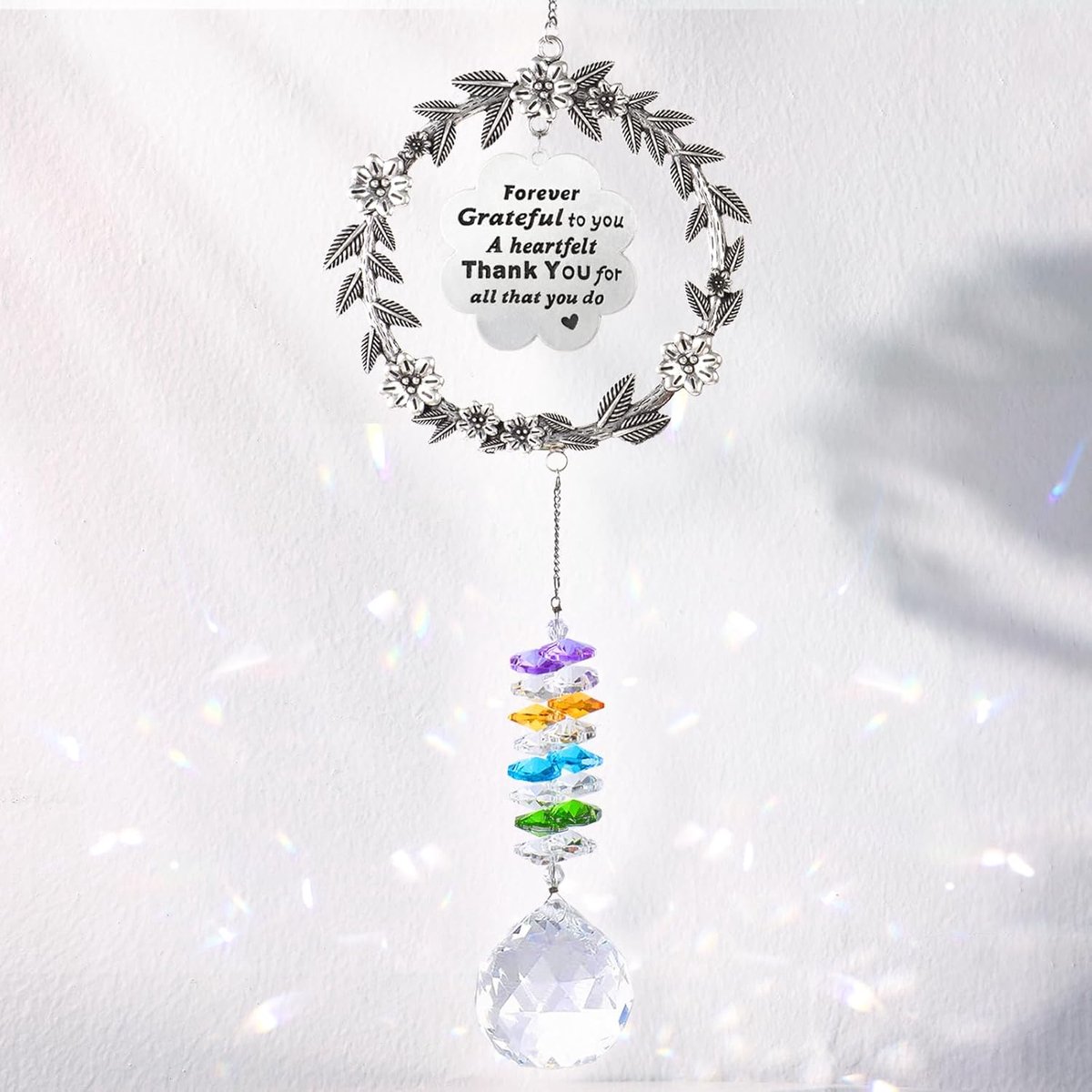 Bedankjes voor vrouwen, zonvanger cadeau met gegraveerde bedankbericht, hangende zonnevanger-ornamenten, regenboogmaker met 40 mm glazen bal, prisma dankbaarheid geschenken voor vrienden
