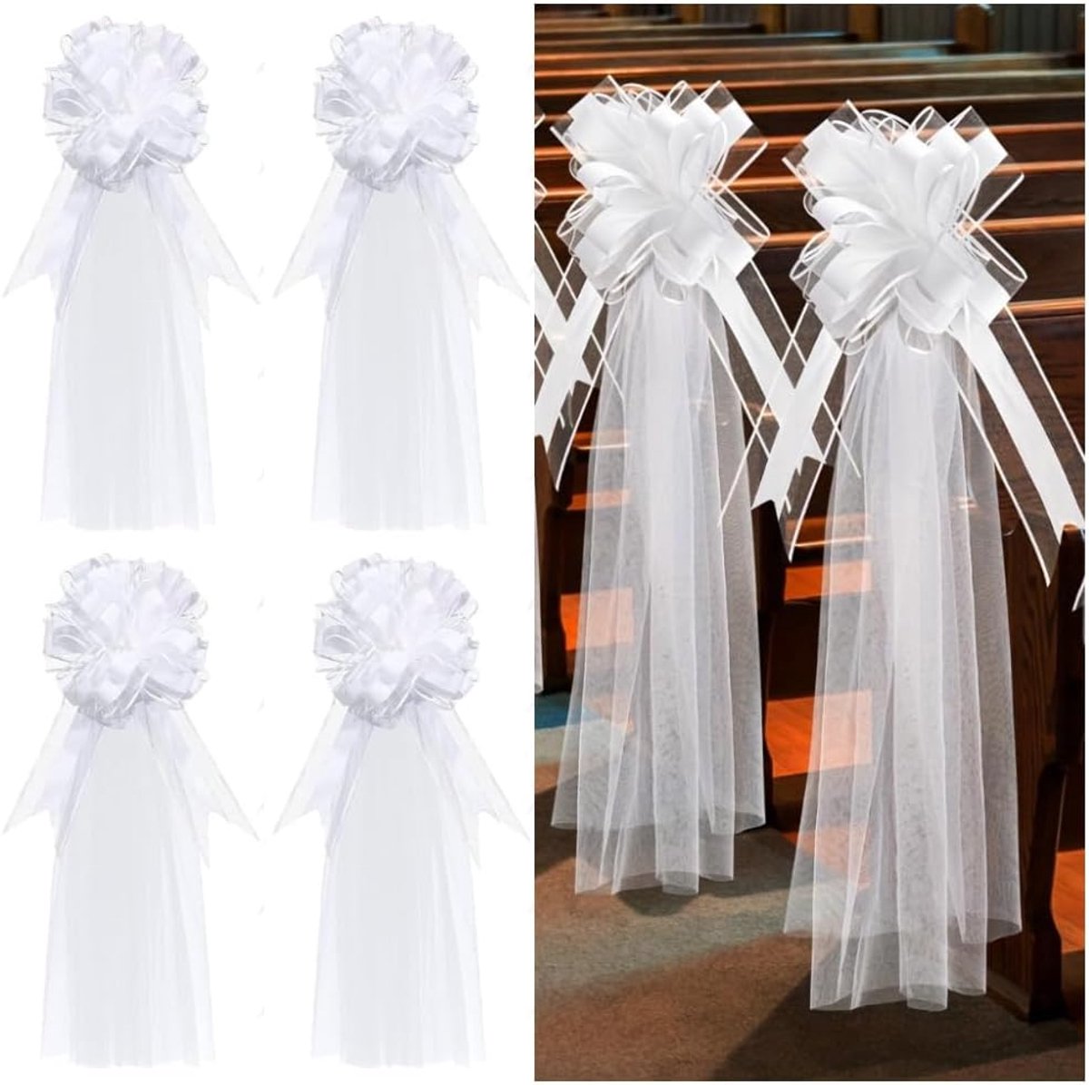 Strikken met tulestaarten, wit, lange stoelstrikken, tule, bruiloftsgang, decoraties, kerkbanken, cadeaustrikken, bruiloftsdecoratie, autostrikken, grote strik voor