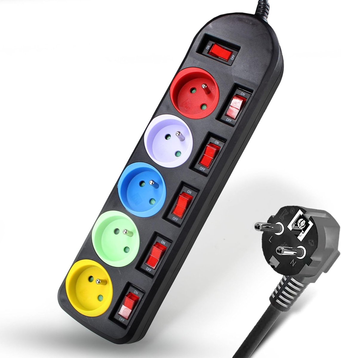 Stekkerdoos met 5 gekleurde stopcontacten met stickers, stekkerdoos in kleur, algemene schakelaar + voor elke uitgang + identificatiestickers, kabellengte 150 cm, 30 x 8 cm, zwart