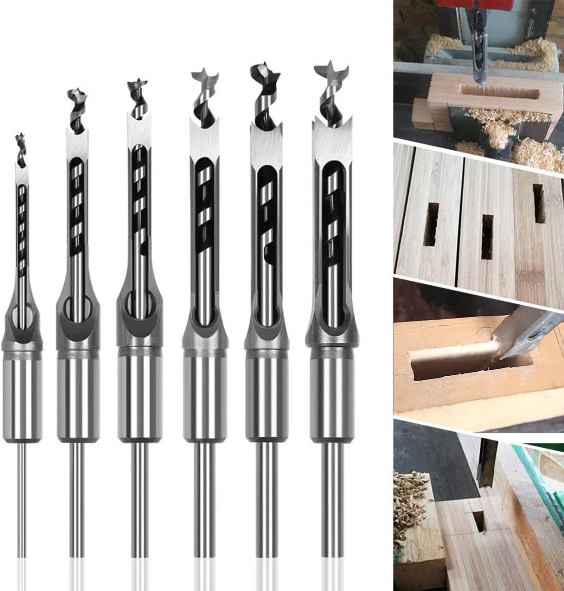 6 stuks vierkante gatboor houtbewerkingssteekboor Vierkante Gat Boren gereedschap 6,4/8/9,5/12,7/14/16mm houtbewerkingsgereedschap spiraalboor kits Houtbewerker Vierkante Mortising Beitel