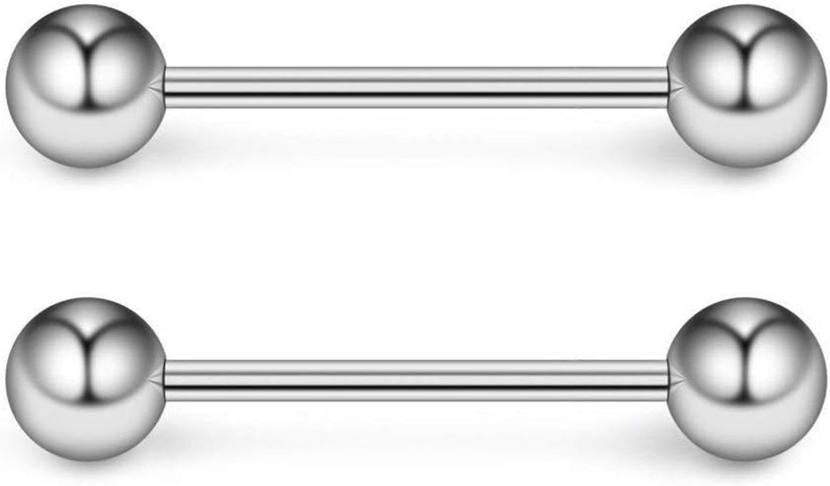 Piercingssieraad in 2-delige set, voor tong en tepel, barbell, van G23 titanium, 12/14/16/19/25 mm staaflengte