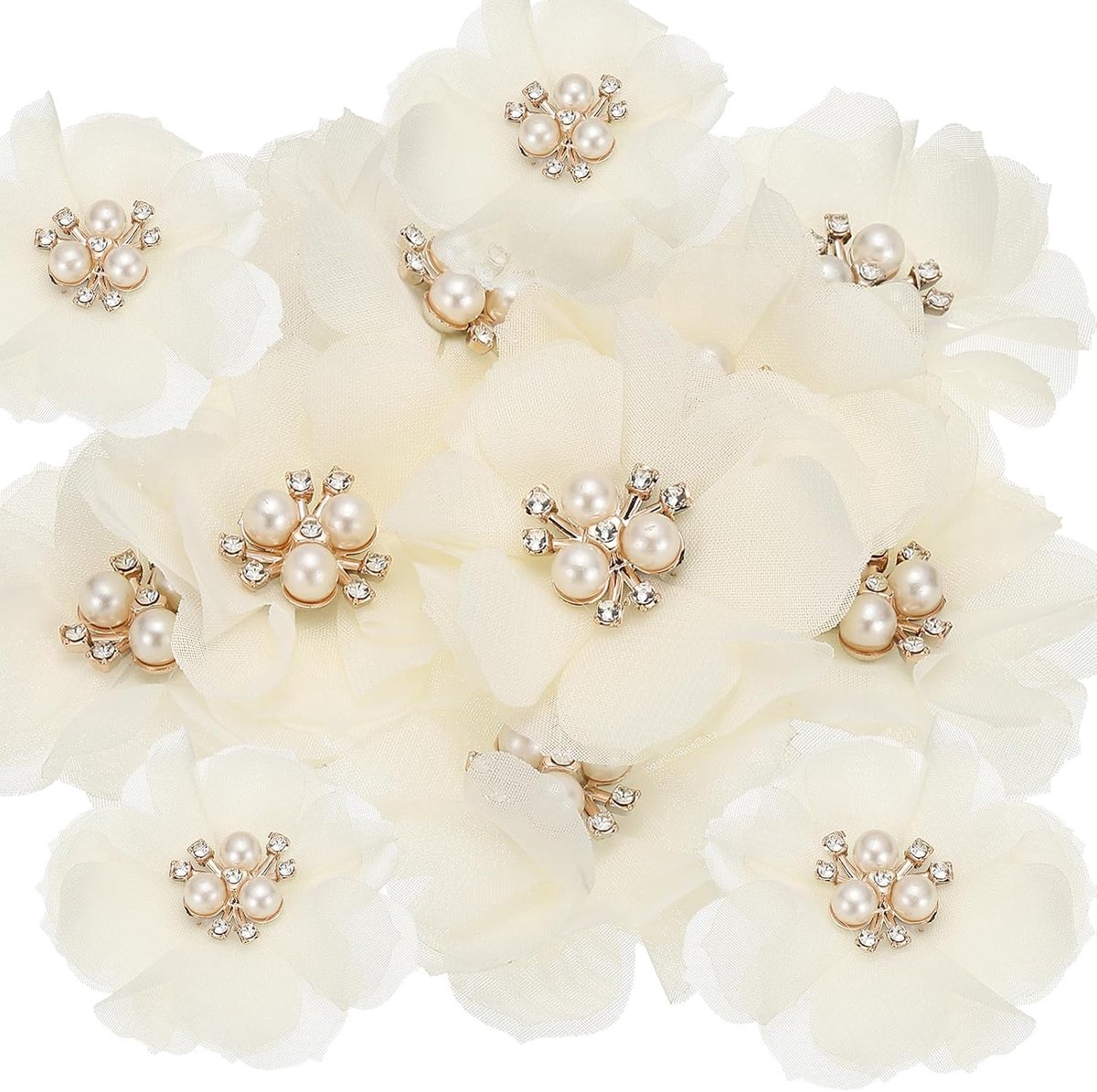 6 cm strass parel chiffon bloem, 15 stuks naaistof applicaties voor doe-het-zelf ambachtelijke kleding hoofdbanden bruiloft feest decoratie, beige