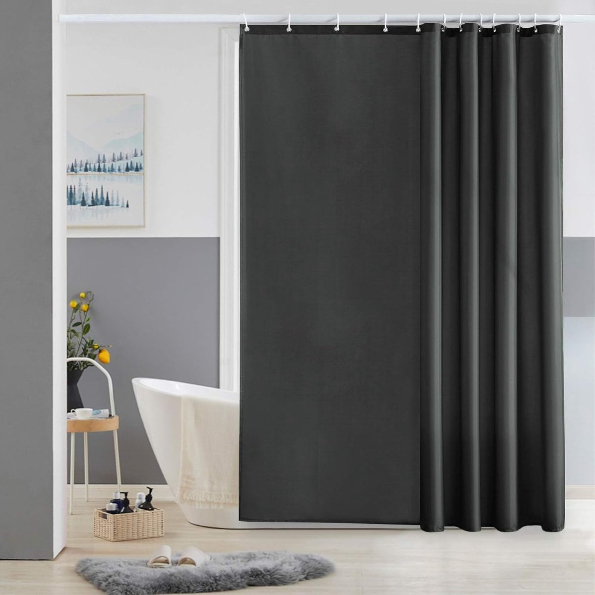 Douchegordijn, schimmelbestendig, polyesterstof, waterdicht, douchegordijn, wasbare stof, voor badkuip of badkamer, 12 douchegordijnhaken, donkergrijs, 180 x 200 cm