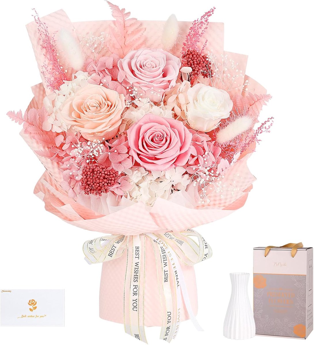 boeket met vaas, voor altijd boeket bloemen, eeuwige geconserveerde echte roos, cadeaus voor vrouw, vrouw, vriendin, cadeaus voor haar op verjaardag, jubileum, Valentijnsdag, Moederdag, Kerstmis