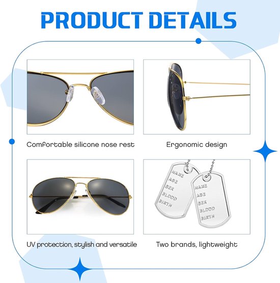 2 pilotenkapitein-kostuums, militaire plaatketting, pilotenzonnebril, halsketting van metaal, zilver, vliegeniersbril, accessoires voor rollenspel in militaire outfit — afbeelding 2