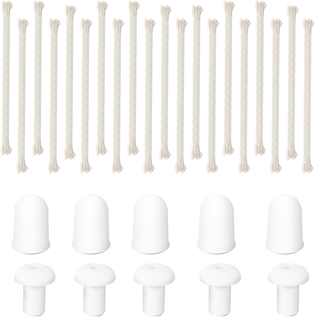 20 stuks 150 x 6 mm lont voor olielampen, reservelont met 5 stuks keramische lont en 5 stuks plastic lampdoppen, ronde katoenen lont kaarslonten, voor alcohollampen, tuinfakkel, olielamp