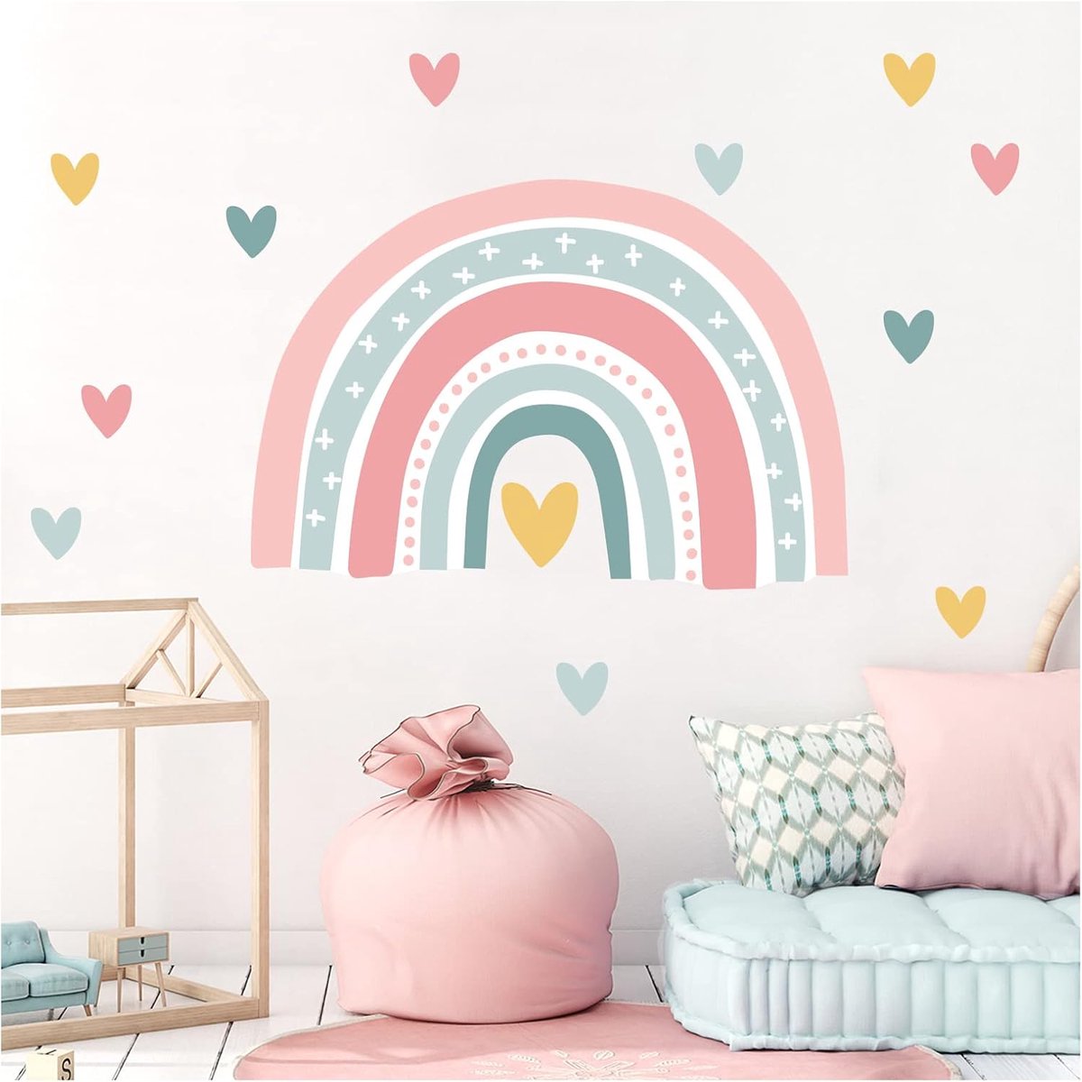 Deco Muursticker regenboog roze mint muursticker hartjes kinderkamer babykamer muursticker hart wanddecoratie DL936-1