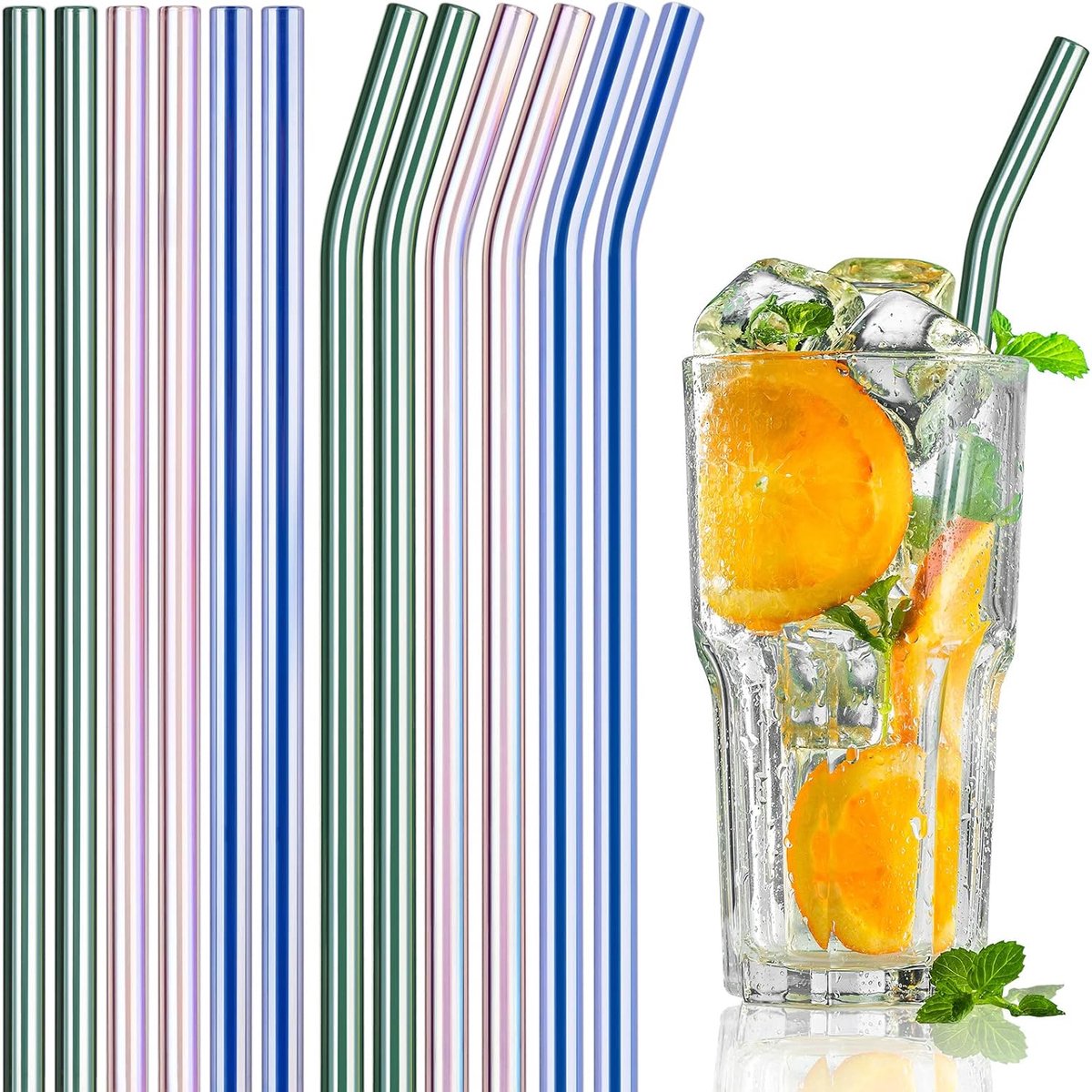 Herbruikbare glazen rietjes set, 20,3 cm x 0,8 cm, 6 recht en 6 gebogen met 2 reinigingsborstels voor milkshakes, bevroren dranken, smoothies, bubbelthee, roze/blauw/groen iriserend)