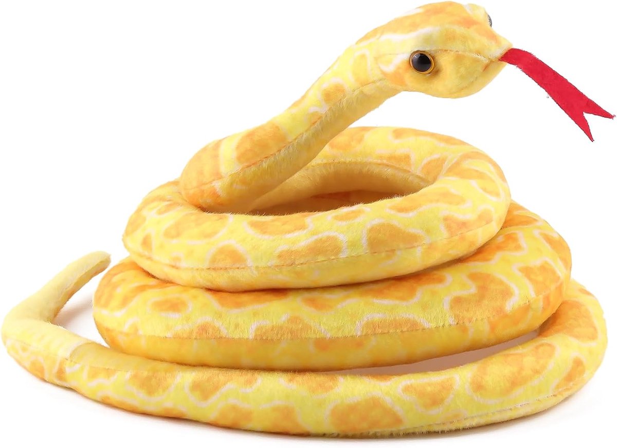 160 cm slangen, knuffeldieren, realistische dierenslang, pluche speelgoed, lange gevulde slang, levensecht slangenspeelgoed voor kinderen als feestgrap, rekwisieten (geel)