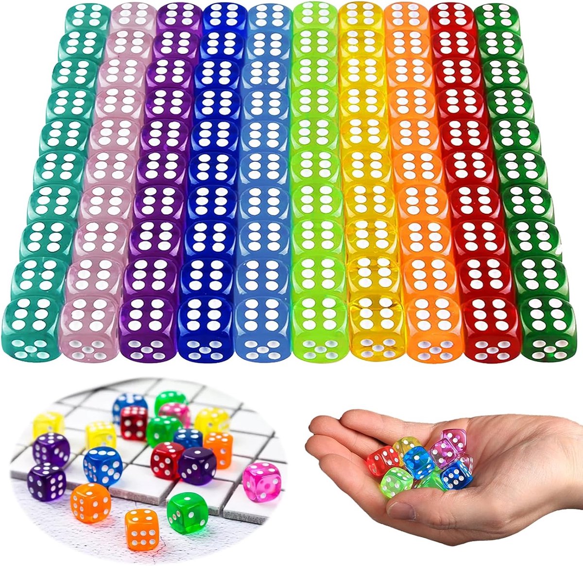 100 Stuks 6 Zijdige Dobbelstenen Spel, 14 mm 10 Kleuren Zeshoekige Dobbelstenen, Acryl Doorschijnende Dobbelstenen voor Bordspel, Wiskunde Leren, Feestfavoriet en Familiefeest