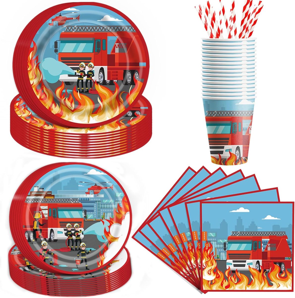 84 stuks brandweerman feestservies set voor kinderen, brandweerwagen thema tafeldecoraties voor verjaardag, inclusief papieren borden kopjes servetten papieren rietjes, brandweerman