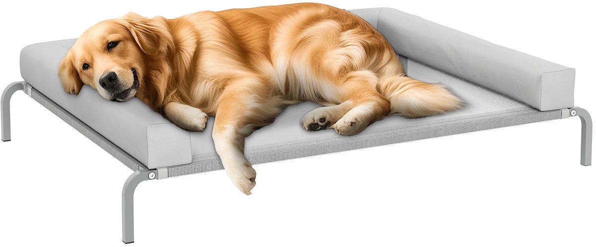 Archi Verhoogd Verkoelend Hondenbed – Dierenmand - Ademend Mesh – Afneembaar U-vormig Kussen – Stalen Frame – Grijs – 110 × 75 × 30 cm