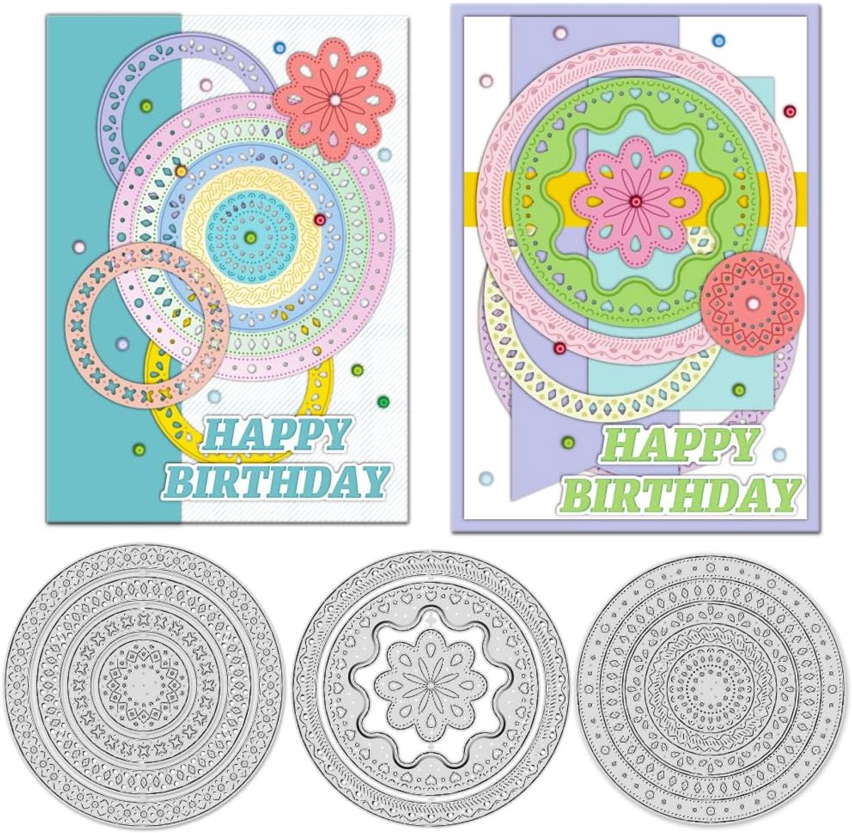 8PCS Ronde Frame Snijden Dies voor Kaart Maken Cirkel Bloemen Snijmatrijzen Ronde Gelaagde Achtergrond Metalen Snijmatrijzen Ringen Decoratieve Etiketten Embossing Stencil voor DIY
