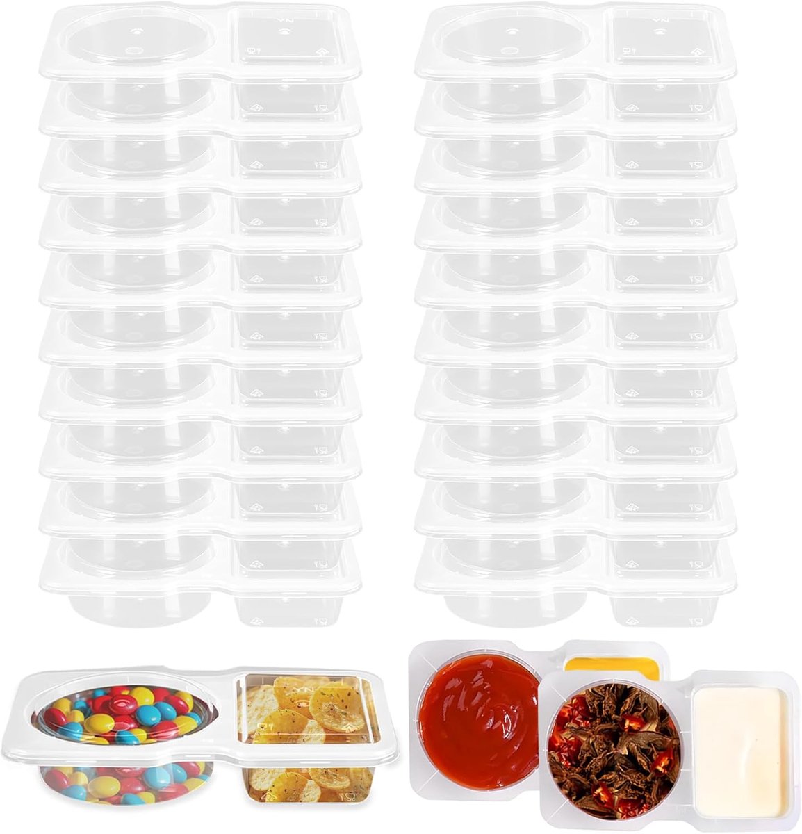 20 stuks dubbel compartiment specerij containers, herbruikbare snackverpakking container met deksels 4 oz kleine snackbox container sausbeker voor reizen, buitenmaaltijden en feesten