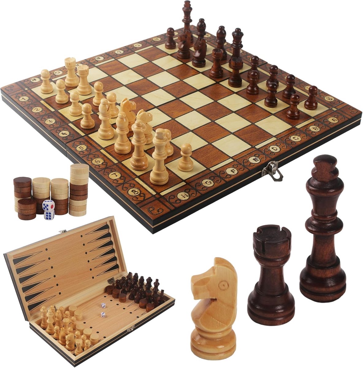 3-in-1 Magnetisch Schaakspel Van Hout, 34 x 34 cm, Opvouwbaar, Voor Kinderen, Geschikt Voor Feestjes En Familieactiviteiten