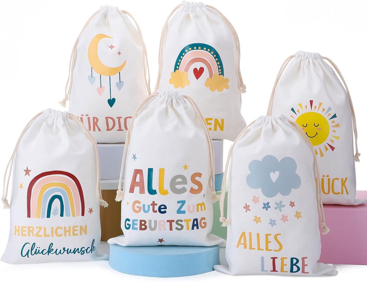 woric 6 stuks stoffen zakjes, klein, 20 x 30 cm, cadeauzakjes, katoenen zakjes met trekkoord, cadeauzakje, verjaardag, regenboogcadeau voor geboorte, bruiloft, doop, babyshower, feest (6 designs)