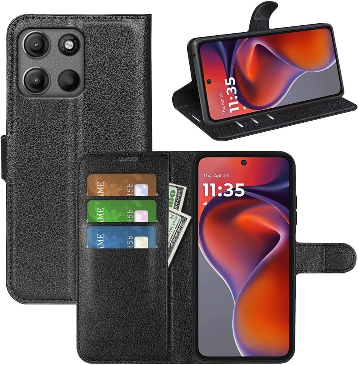 Beschermhoes voor Motorola Moto G17 / G17 Power / G15, zwart | Beschermhoes van kunstleer met lychi-korrelpatroon, kaartsleuven, magneetsluiting, klapstandaard, schokbestendig