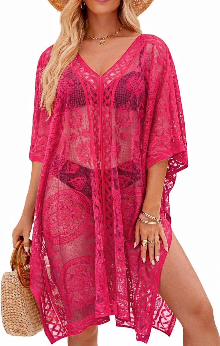 elegante kanten strandtuniek voor dames, badpak cover-up met V-hals voor vakantie en feestjes