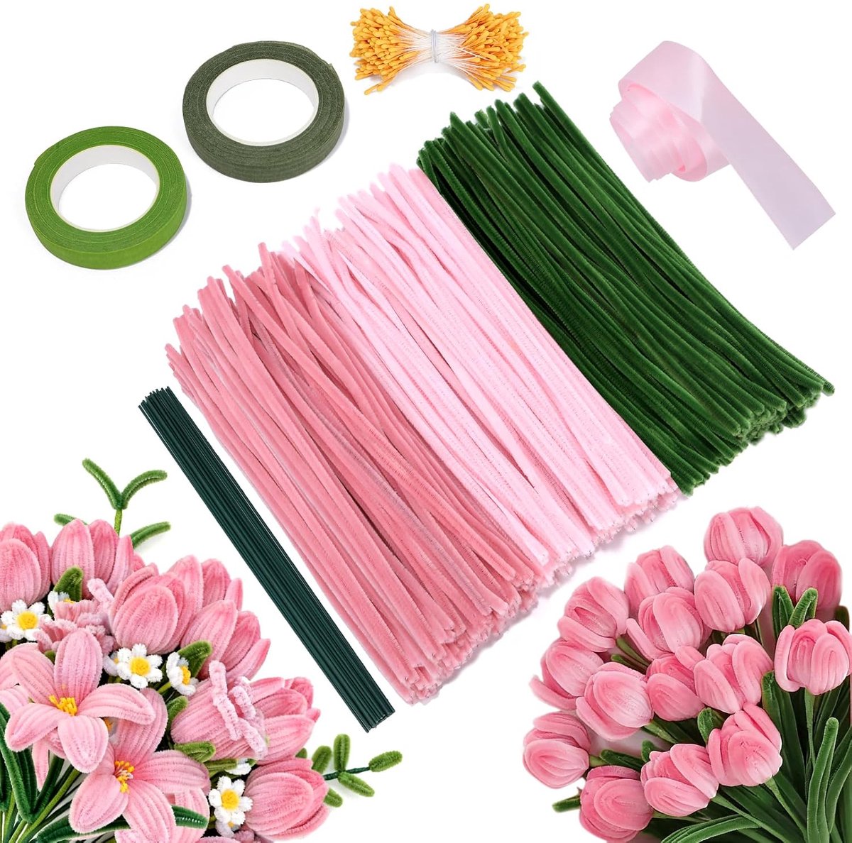 Pijpreinigers, knutselset met bloemisttape en bloemstengels - 30 cm lang, veelkleurig (paars/wit/groen), super flexibel voor doe-het-zelf tulp-boeketten (roze)