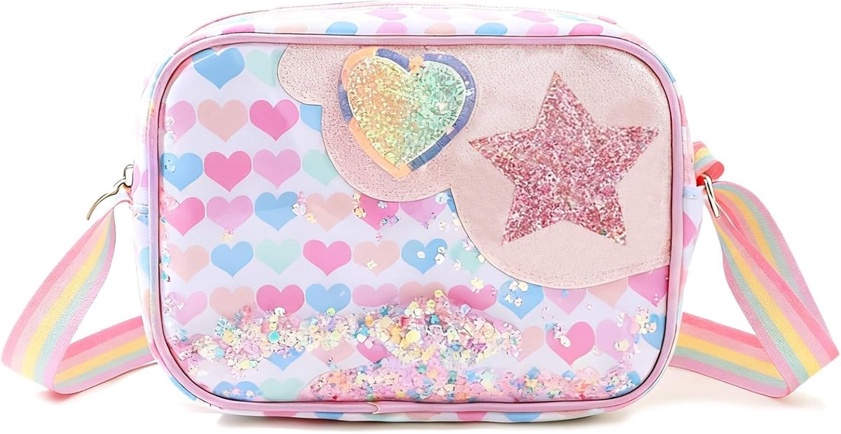 Schoudertas voor meisjes, kleine handtas, klein meisje, met mini-pailletten, schattig, schoudertas, kinderportemonnee, crossbody tas, cadeau voor meisjes, 5-12 jaar, 20 x 6 x 14 cm, roze