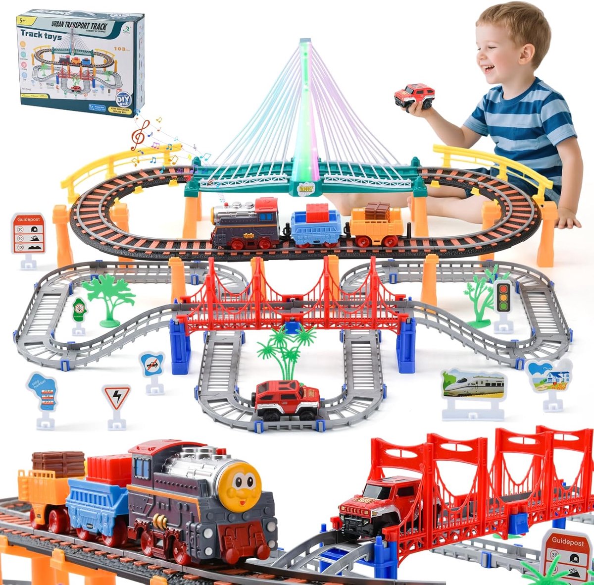 Treinspeelgoed, spoorweg, spoor speelset, elektrische trein, elektrische trein en autosnelwegauto's, kersttrein cadeau voor kinderen vanaf 3 jaar