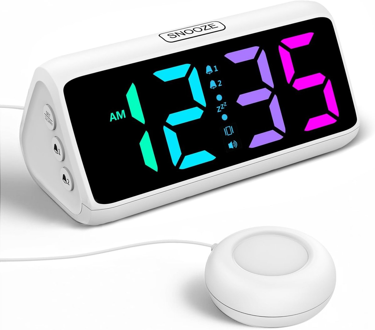 wekker voor diepe slapers, trillingen, dubbel alarm, RGB-display, 5 helderheidsniveaus, 4 volumes, snooze, vibratie voor senioren en jongeren