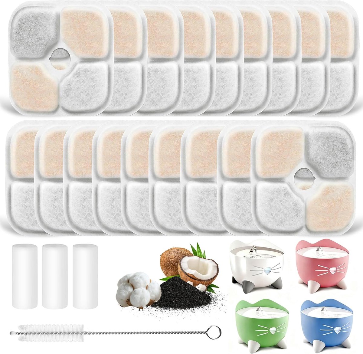18 Cat fonteinfilters en 3 slangen voor Catit Pixi (2,5L) | geschikt voor 43722, 43717. Drievoudig filtratiesysteem met actieve kool en hars, hoog rendement filter